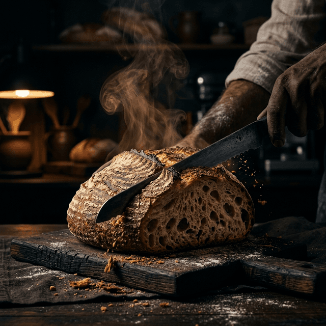 Slicing fresh rustic sourdough